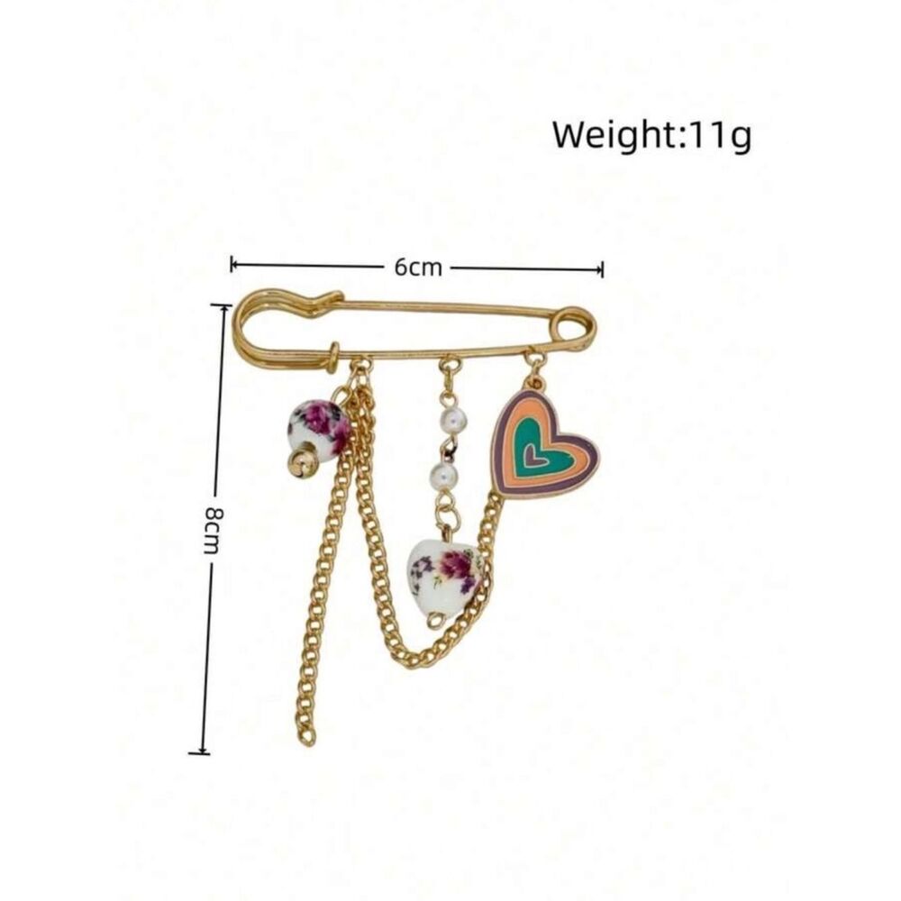 Gold Safety Pin Brooch with Multicolor Heart and Floral Charms R 535 - Picture 2 of 3